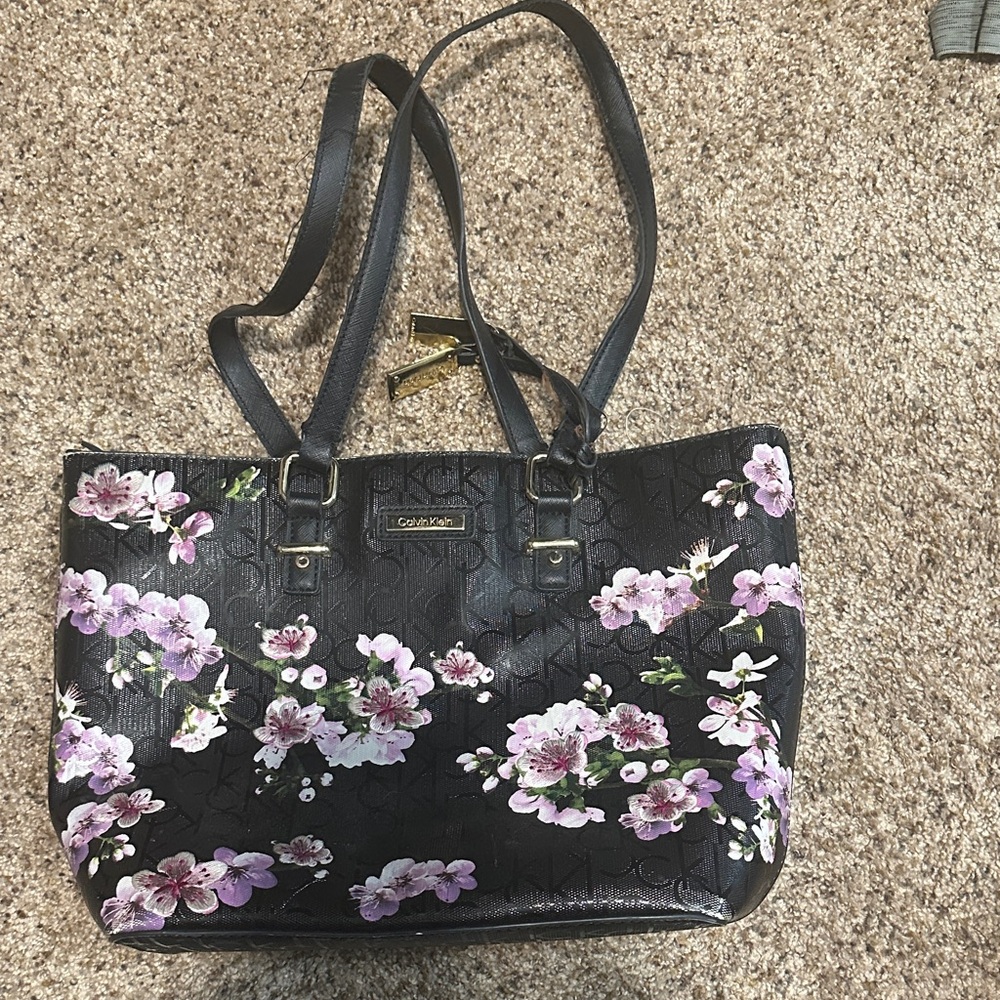 Calvin Klein Black Tote with Light Pink Floral Accents